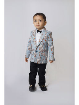 Funny Bones - Blue Goose Print Tuxedo Blazer with Shirt Pant & Bow (Set of 4)