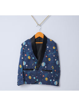 Funny Bones - Navy Blue Planet Print Tuxedo Blazer with Shirt Pant & Bow (Set of 4)