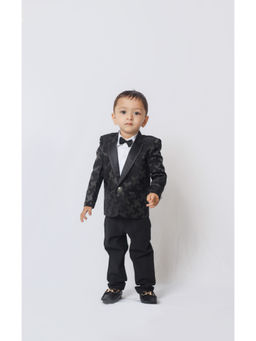 Funny Bones - Black Jacquard Velvet Tuxedo Blazer with Shirt Pant & Bow (Set of 4)