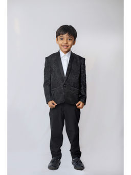 Funny Bones - Black Flower Jacquard Tuxedo Blazer with Shirt Pant & Bow (Set of 4)