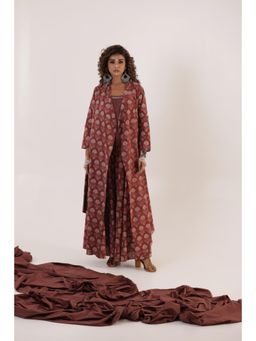 Keva Clothing - Mehka Brown Printed Top with Sharara and Jacket (Set of 3)