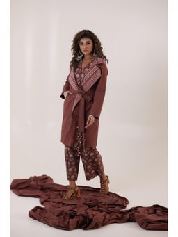 Keva Clothing - Chitrita Brown Belted Jacket with Waistcoat and Pant (Set of 4)