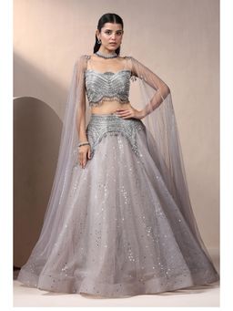 CHAASHNI BY MAANSI & KETAN - Grey Glitter Net Lehenga with Blouse ad Cape (Set of 2)