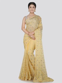 PinkLoom - Women's Chiffon Saree with Unstitched Blouse Piece, Beige