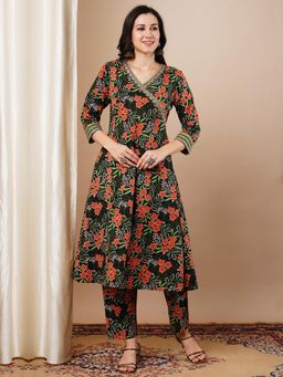 FASHOR - Ethnic Floral Printed A-Line Kurta with Pant (Set of 2)