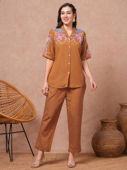 FASHOR - Solid and Floral Brown Embroidered Straight Fit Co-Ord (Set of 2)