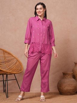 FASHOR - Pink Floral Embroidered Straight Fit Co-Ord (Set of 2)