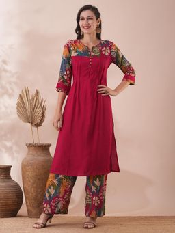 FASHOR - Ethnic Floral Printed and Sequined Straight Fit Kurta with Pant (Set of 2)