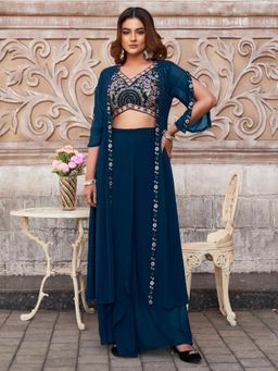 Tikhi Imli - Teal Color Georgette Crop Top, Skirt with Shrug (Set of 3)