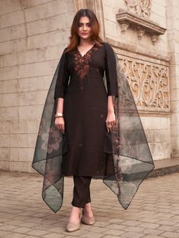 Tikhi Imli - Brown Kurta and Pant with Printed Dupatta (Set of 3)