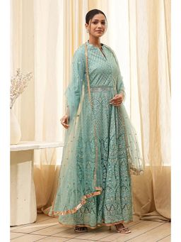 Biba - Women Blue Cotton Kurta and Skirt with Dupatta (Set of 3)