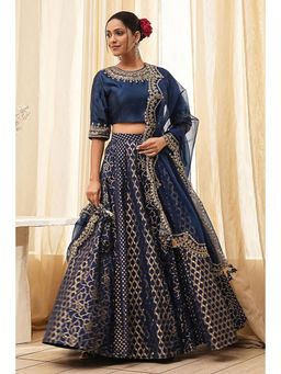 Biba - Women Blue Viscose Blend Blouse, Lehenga and Dupatta (Set of 3)