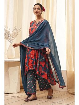 Biba - Women Teal Viscose Blend Asymmetric Kurta and Pant with Dupatta (Set of 3)