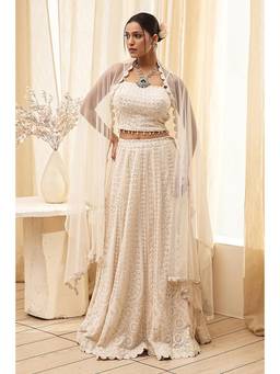 Biba - Women Ivory Georgette Blouse, Lehenga and Dupatta (Set of 3)