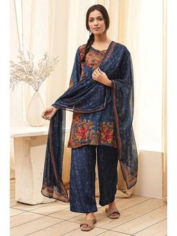 Biba - Women Blue Modal Straight Kurta and Pant with Dupatta (Set of 3)