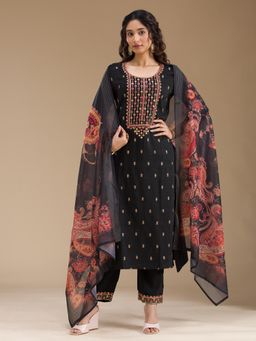 Koskii - Black Threadwork Semi Crepe Kurta, Pant with Dupatta (Set of 3)