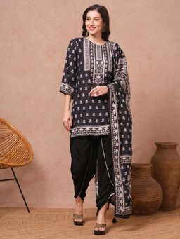 FASHOR - Floral Printed and Embroidered Straight Fit Kurta with Dhoti and Dupatta (Set of 3)