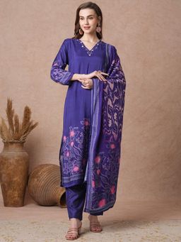 FASHOR - Ethnic Floral Printed Straight Kurta with Pant and Dupatta (Set of 3)