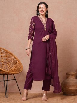 FASHOR - Floral Embroidered Straight Fit Kurta with Pant and Pure Cotton Dupatta (Set of 3)
