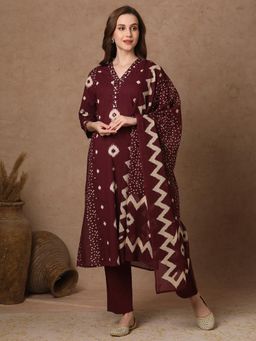 FASHOR - Ethnic Printed Straight Fit Kurta with Pant and Pure Cotton Dupatta (Set of 3)