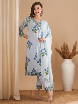 FASHOR - Floral Block Printed Straight Fit Kurta with Pant and Dupatta (Set of 3)