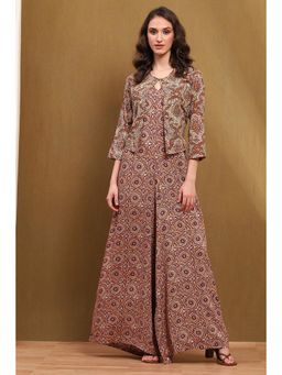 Biba - Women Beige Rayon Straight Jumpsuit with Jacket (Set of 2)