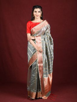 EXCLUSIVA - Grey Organza Saree Zari Woven Work with Unstitched Blouse