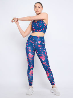 Clovia - Navy Blue High-Rise Printed Active Tights with Side Pocket