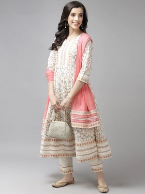 Women Cotton Cream Printed Kurta Trouser Dupatta