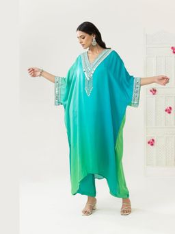 BAHAARA BY DIVYA NARULA - Aqua Ava Kaftan and Pant with Dupatta