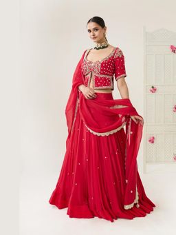BAHAARA BY DIVYA NARULA - Red Gulnar Lehenga and Blouse with Dupatta