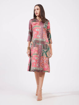 FableStreet - Satin A-Line Floral Dress - Multicolour