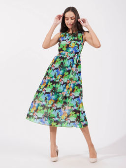 FableStreet - Green and Black A-Line Pleated Dress with Belt (Set of 2)