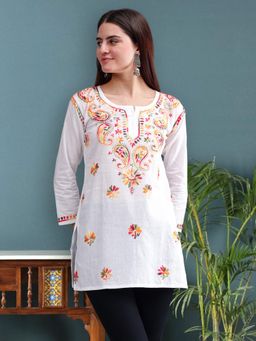 Seva Chikan - Hand Embroidered White Cotton Lucknowi Chikankari Kurti