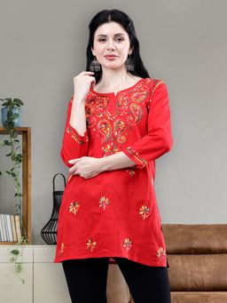 Seva Chikan - Hand Embroidered Red Cotton Lucknowi Chikankari Kurti