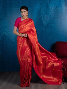 Beatitude - Pink Gold-Toned Ethnic Motifs Zari Silk Blend Banarasi Saree with Unstitched Blouse