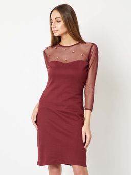 Miss Chase - Women's Maroon Round Neck 3/4 Sleeve Cotton Solid Knee-Long Pearl Dress
