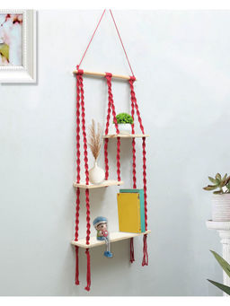 Homesake - Macrame Hanging Wood 3 Tier Wall Shelve, Red