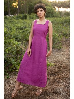 Creatures of Habit - Linen Royal Purple Square Neck Sleeveless Midi Dress