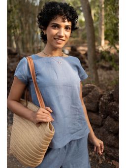 Creatures of Habit - Linen Boat Neck Top- Wildflower Blue