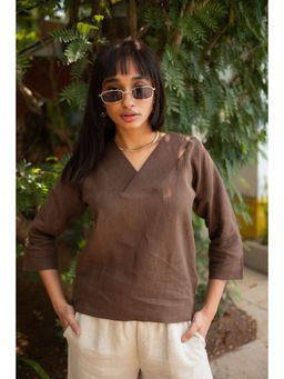 Creatures of Habit - Linen V Neck Top- Tree Trunk Brown