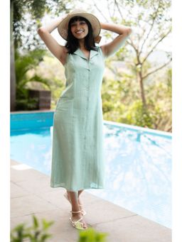 Creatures of Habit - Linen Sage Green Notched Lapel Sleeveless Midi Dress