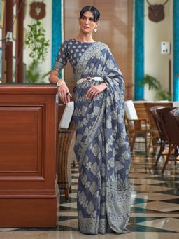 Akhilam - Womens Cotton Linen Navy Blue Woven Design Designer Saree with Unstitched Blouse