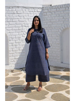 HOUSE OF MOXA - Handwoven Checks Navy Blue Kurta And Wide-legged Pyjama (Set of 2)