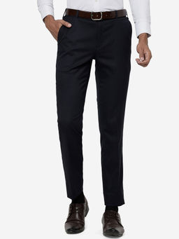 Metal - Men Navy Blue Terry Rayon Slim Fit Solid Formal Trouser