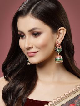 PANASH - Gold Plated Peacock Shaped Meenakari Jhumka Earrings