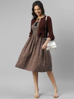 Deebaco - Women Brown Floral Smocked Flared Fit and Flare Dress with Shrug