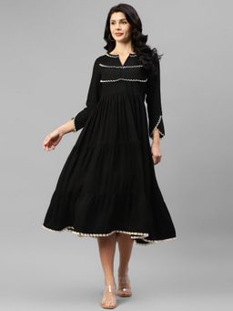 Deebaco - Black Tiered Flared Viscose Rayon Women Dress
