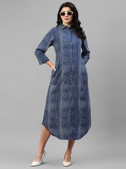 Deebaco - Blue Striped Viscose Rayon Women Shirt Dress