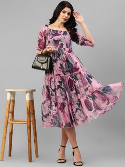 Deebaco - Lavender Multicolor Printed Chiffon with Lurex Smocked Tiered Dress